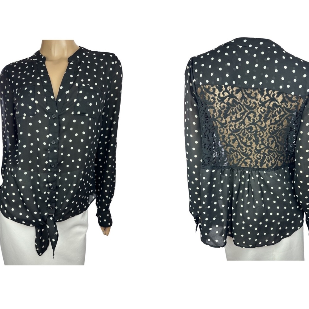 Candie's Size M Blouse Black w White Dots Button-Up Ties at Hem Polyester